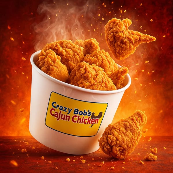 Crazy Bob's Cajun Chicken bucket overflowing with crispy fried chicken, with pieces falling out.